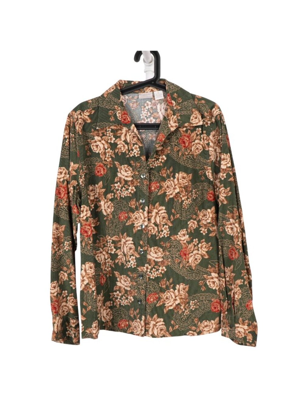 Erika Retro  Corduroy Floral Shirt XL Womens Green Button Up 90s Paisley Grunge